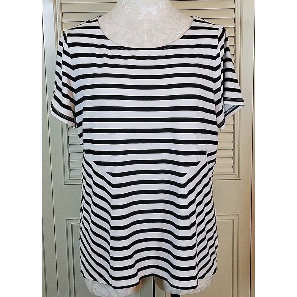 Talbots Shirt Womens 1X Black White Striped Scoop Neck Short Sleeve Shirt